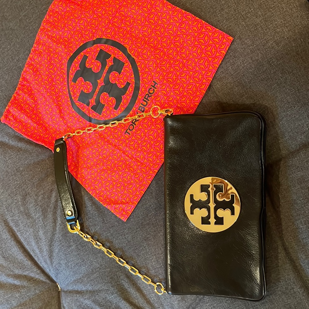 Tory Burch Leather Reva Flap Chain Clutch/ Shoulder Bag Black